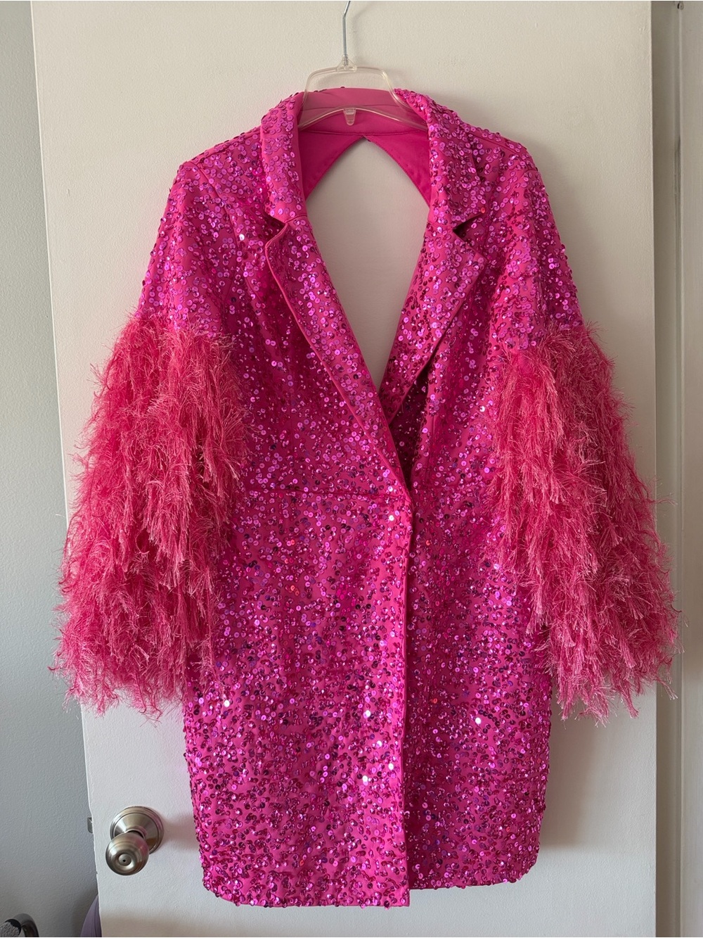 ASOS LUXE Pink Sequin Blazer Dress Backless Fringed Shag Sleeves Sz 12 NWT